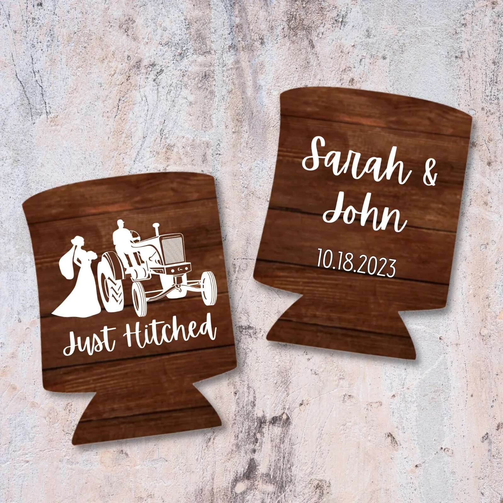 Personalized Barnwood Can Cooler Just Hitched Wedding Beer Coolies Rustic Design