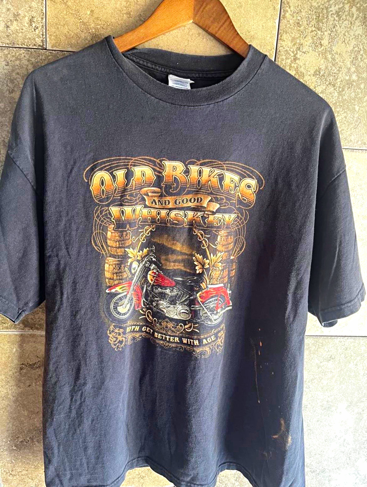Vintage Old Bikers and Good Whiskey Men\'s XL Cotton Graphic Crew Neck Tee