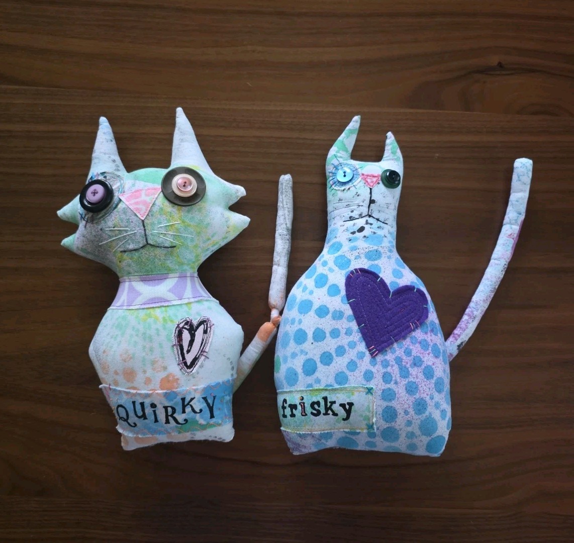 2 Handmade Stuffed Cat Kitty Art Dolls OOAK