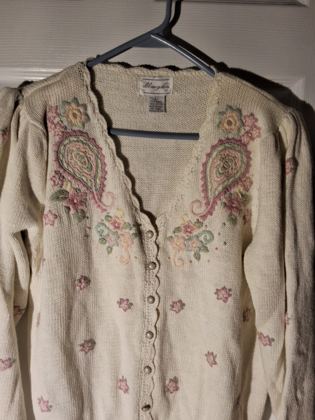 Vintage Margules Embroidered Floral Sweater Pearl Buttons LG Cottagecore Granny
