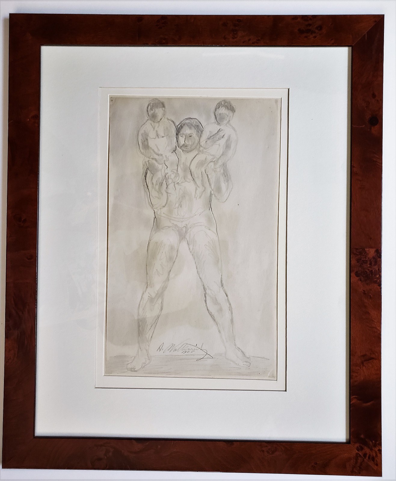 Rare ABRAHAM WALKOWITZ Graphite & Charcoal Drawing SIGNED 1905 FRAMED Hercules
