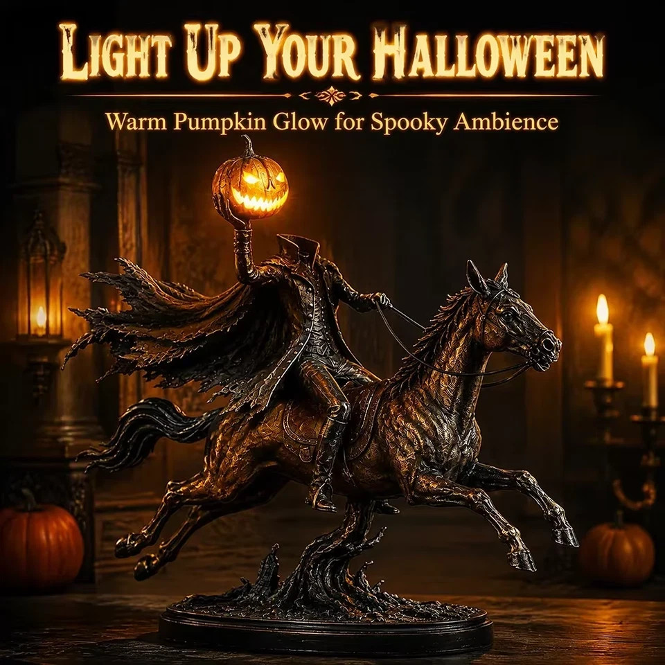 25cm Lighted Headless Horseman Statue Pumpkin Head Halloween Gothic Decor**