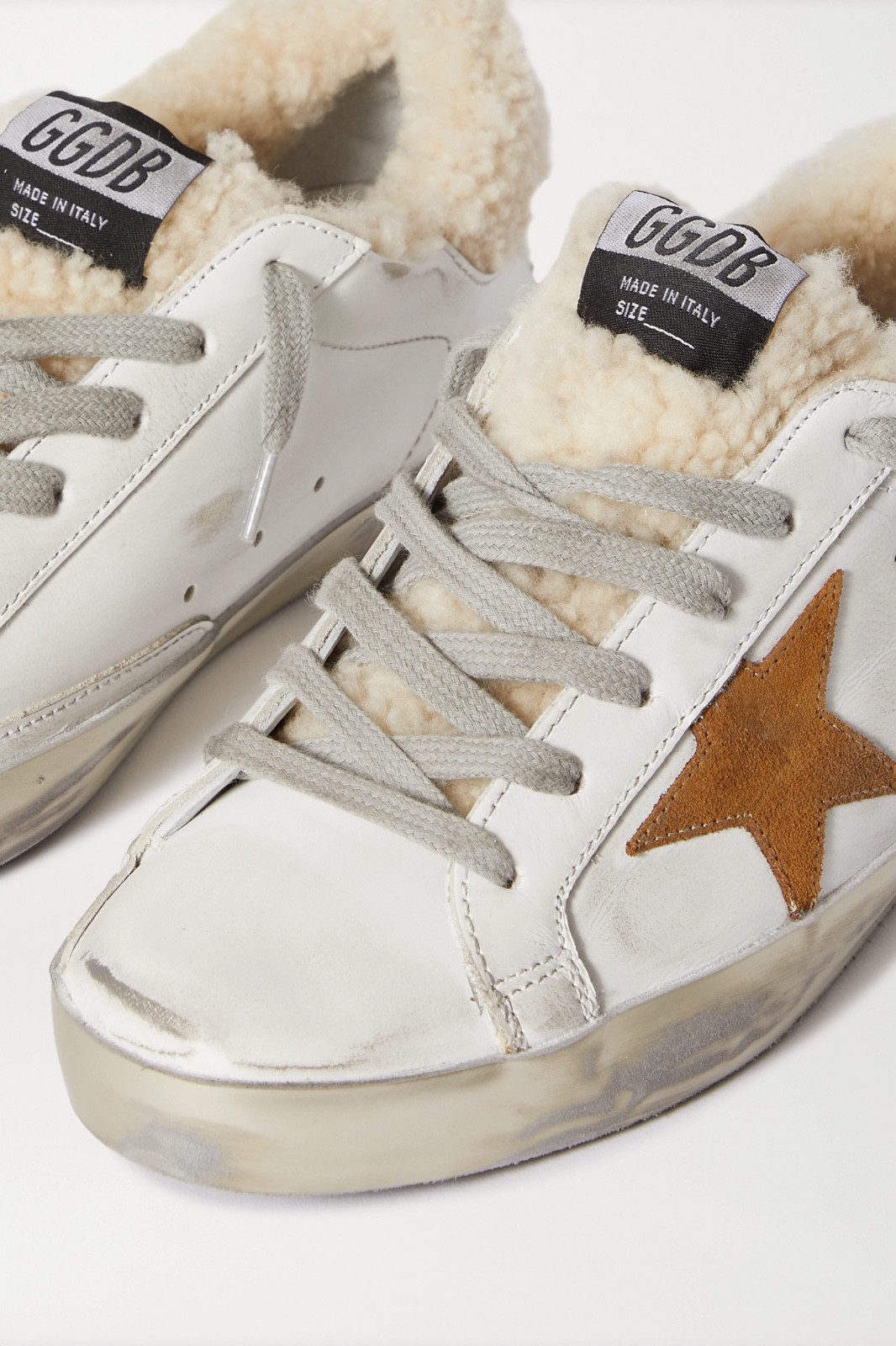 GOLDEN GOOSE Super-Star Distressed White Leather, Tan Suede & Shearling Sneakers