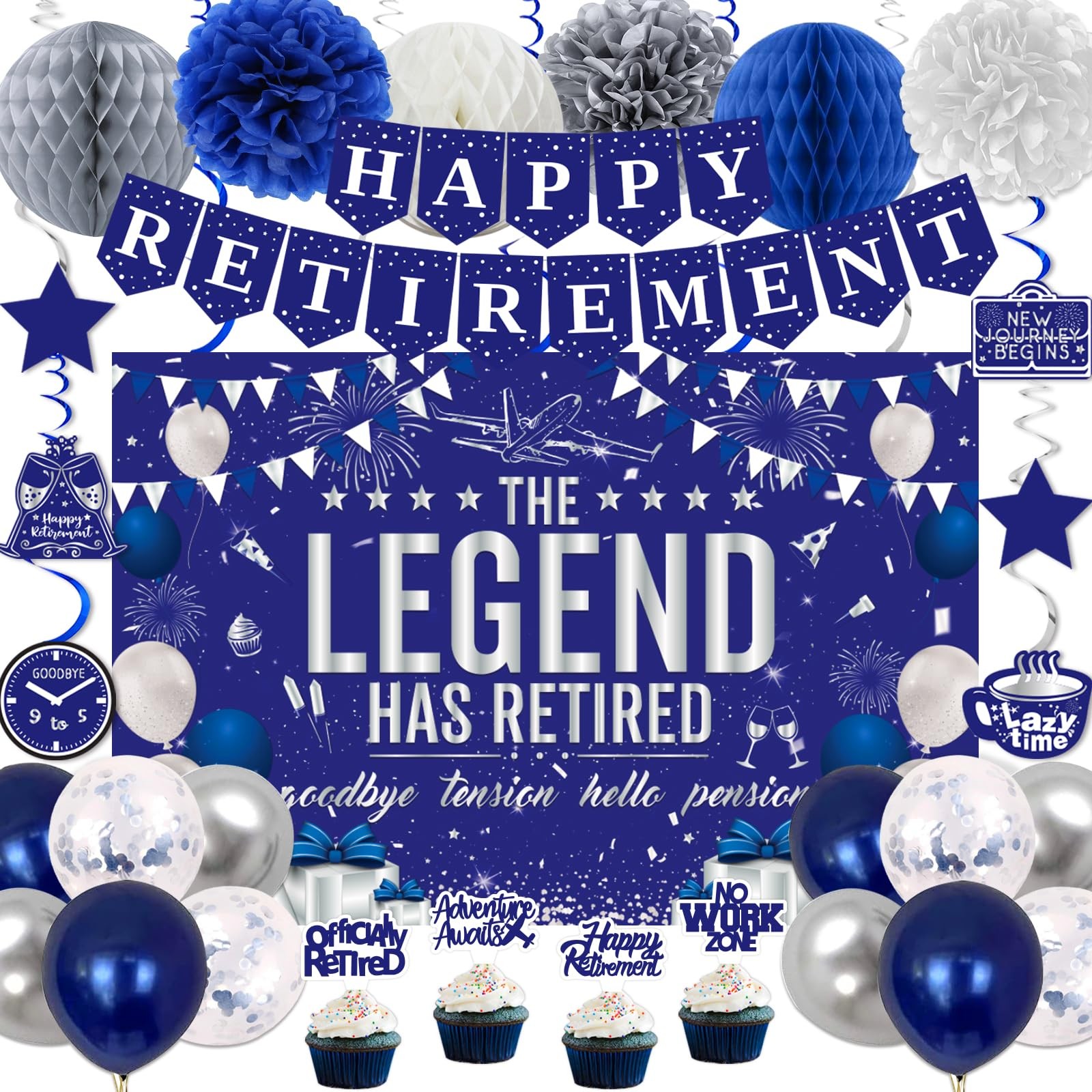 Retirement Party Decorations Blue Silver Happy Retirement Decorations for Men