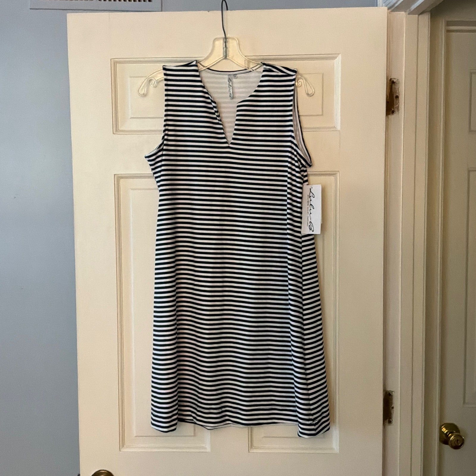 Lulu-B Open Cut Dress Navy Blue Stripe M NEW Travel Cooling UPF 50 Beach