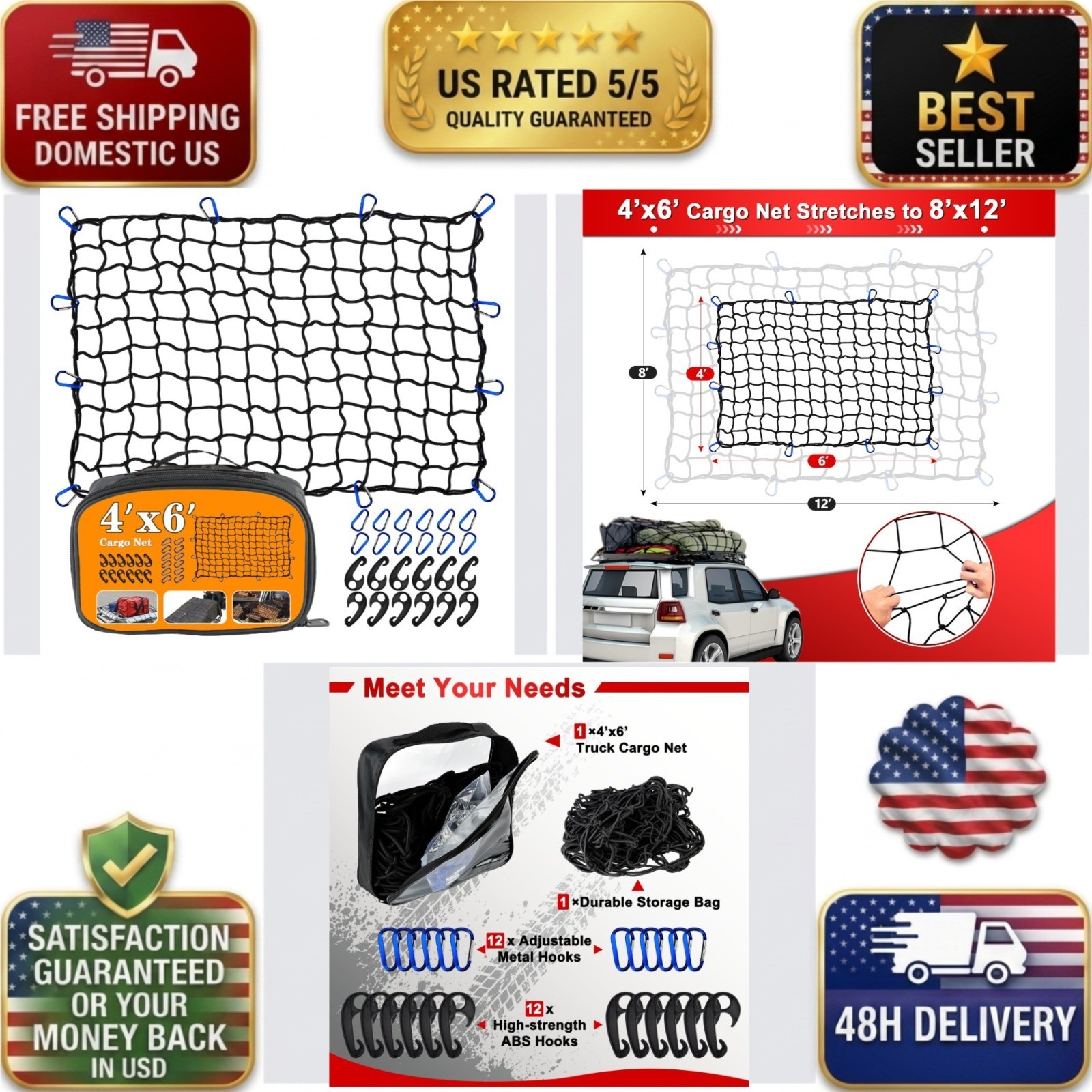 Pickup Truck Cargo Net 4x6 ft Stretchable Bungee Net with Hooks Cenipar
