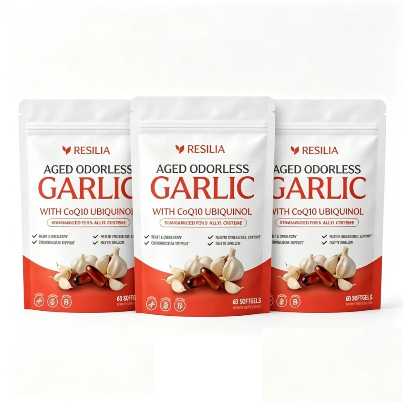 3Pack  Resilia Odorless Aged Garlic Extract – 60 Softgels, New Sealed