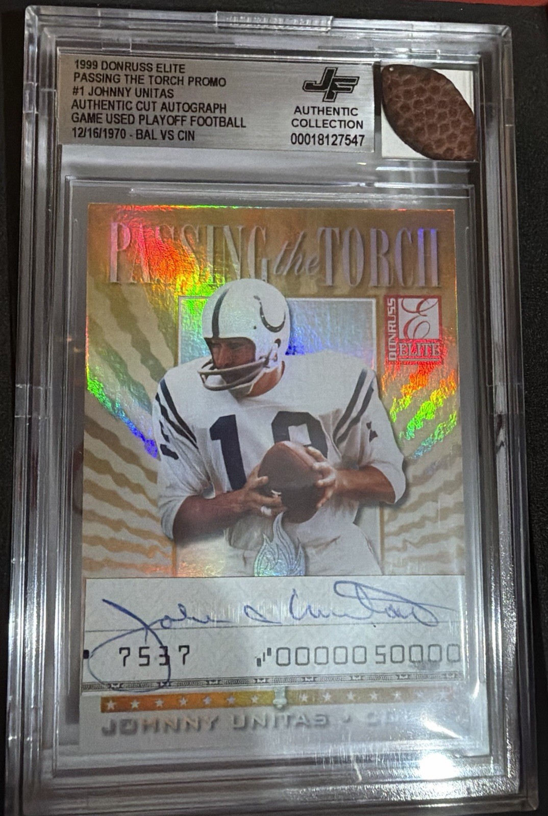 1999 Donruss Elite Johnny Unitas Peyton Manning Cut Auto BGS Playoff used 1970 1999 Donruss Elite Johnny Unitas Peyton Manning Cut Auto BGS Playoff used 1970