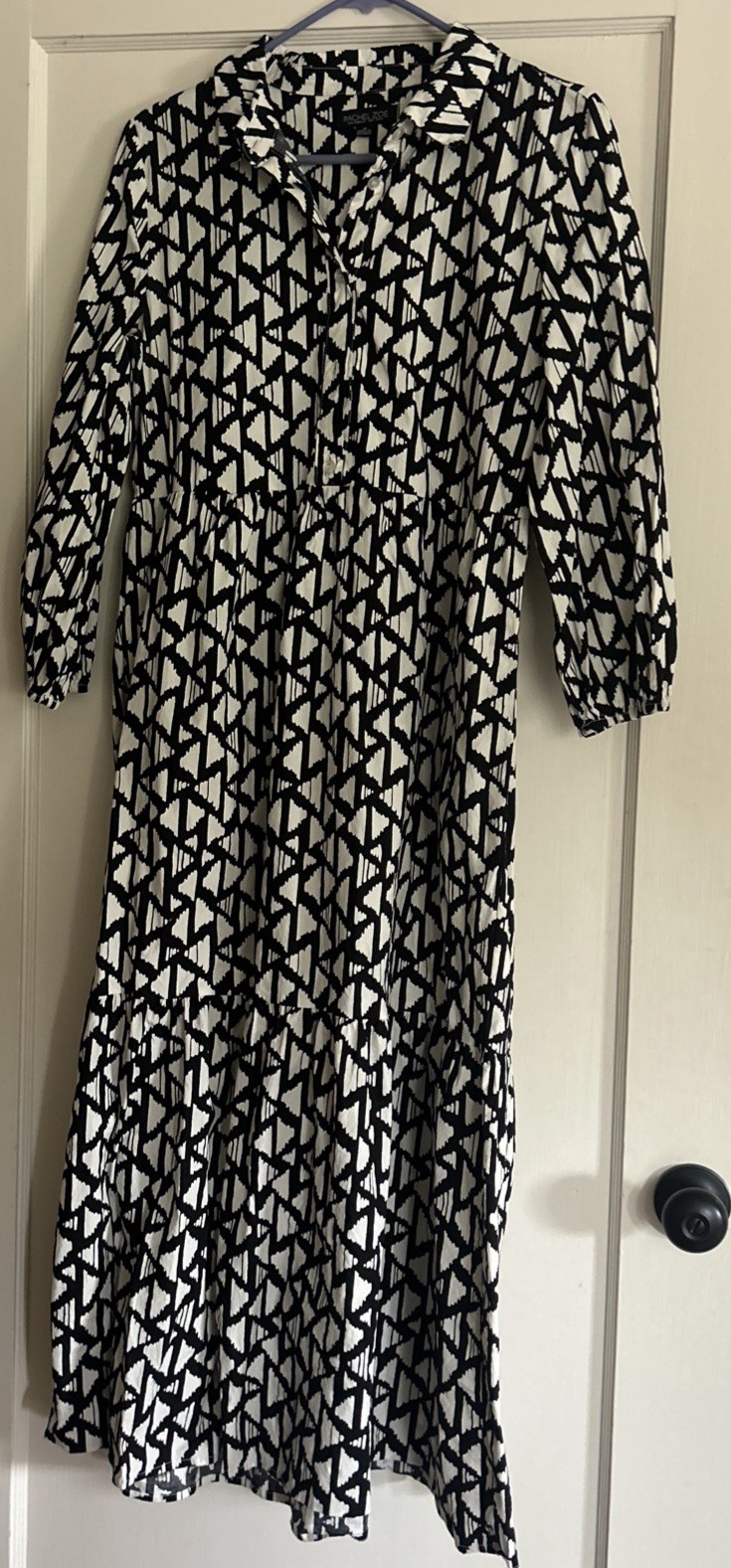 Rachel Zoe Black & White Geometric ButtonUp Midi Shirt Dress w/Pockets Size Med