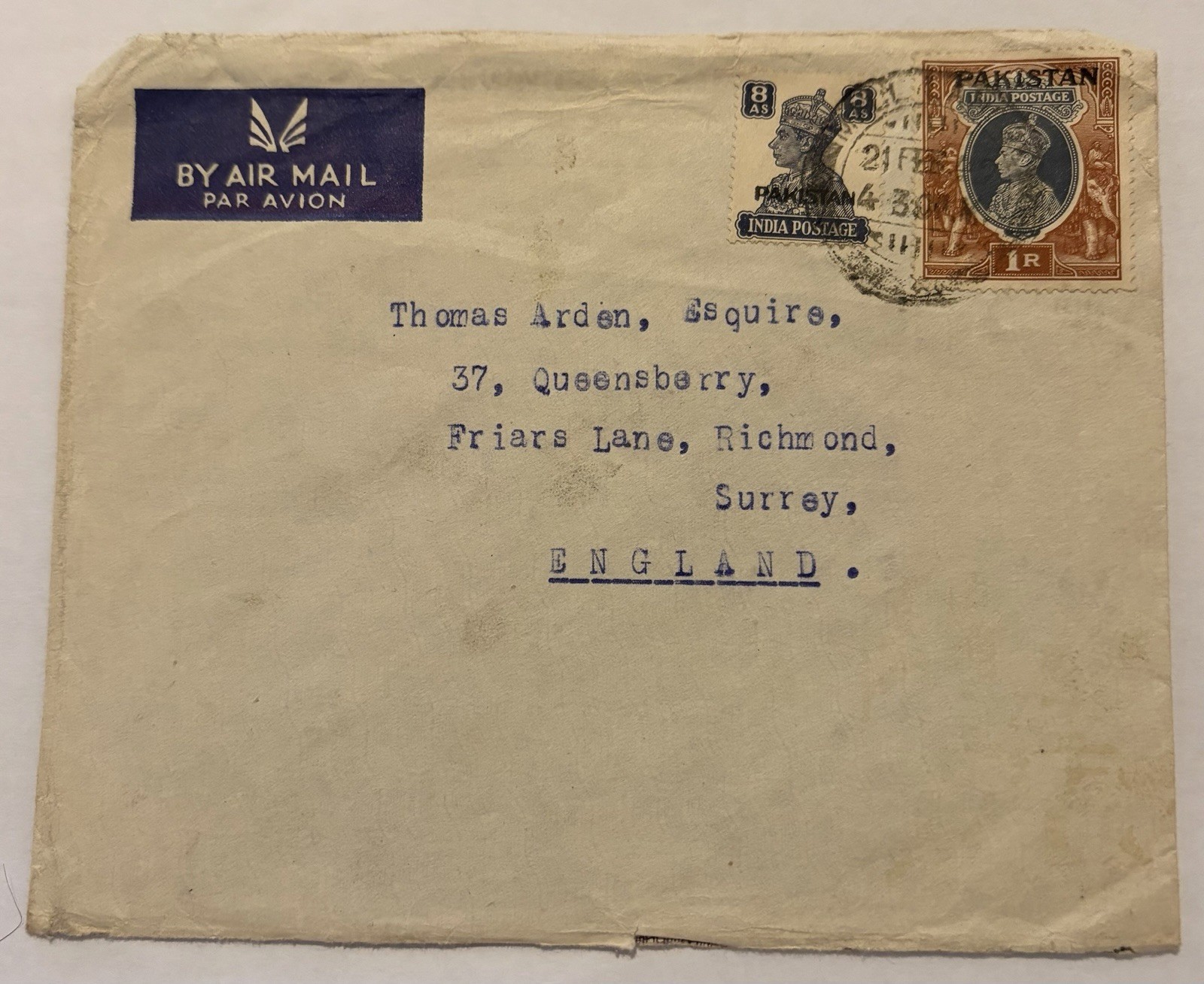 Pakistan India Classic KGVI Airmail Cover High Value Scarce