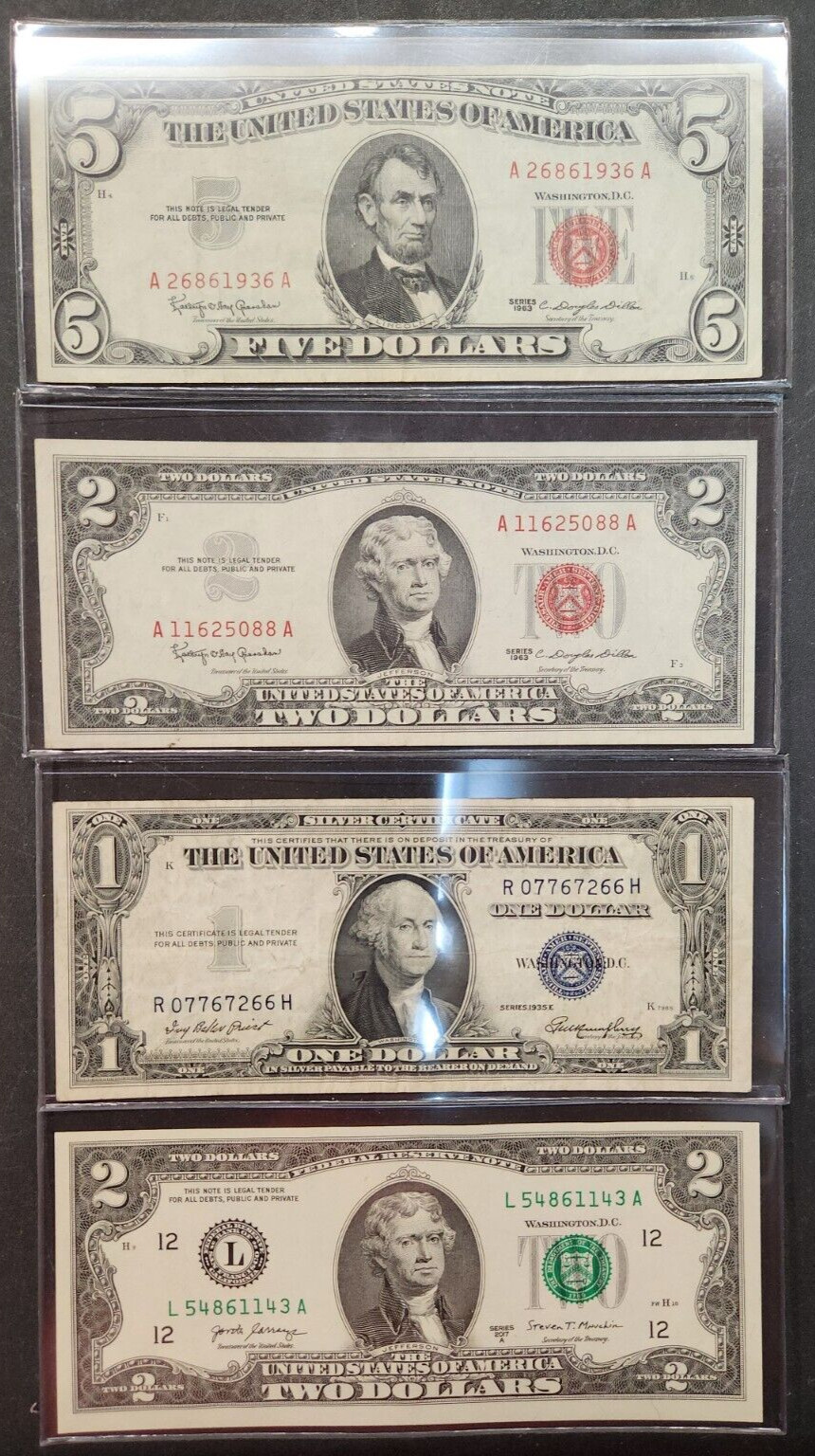 U.S. Bills starter lot $5.00 red seal, $2.00 red seal, silver cert., unc. $2.00