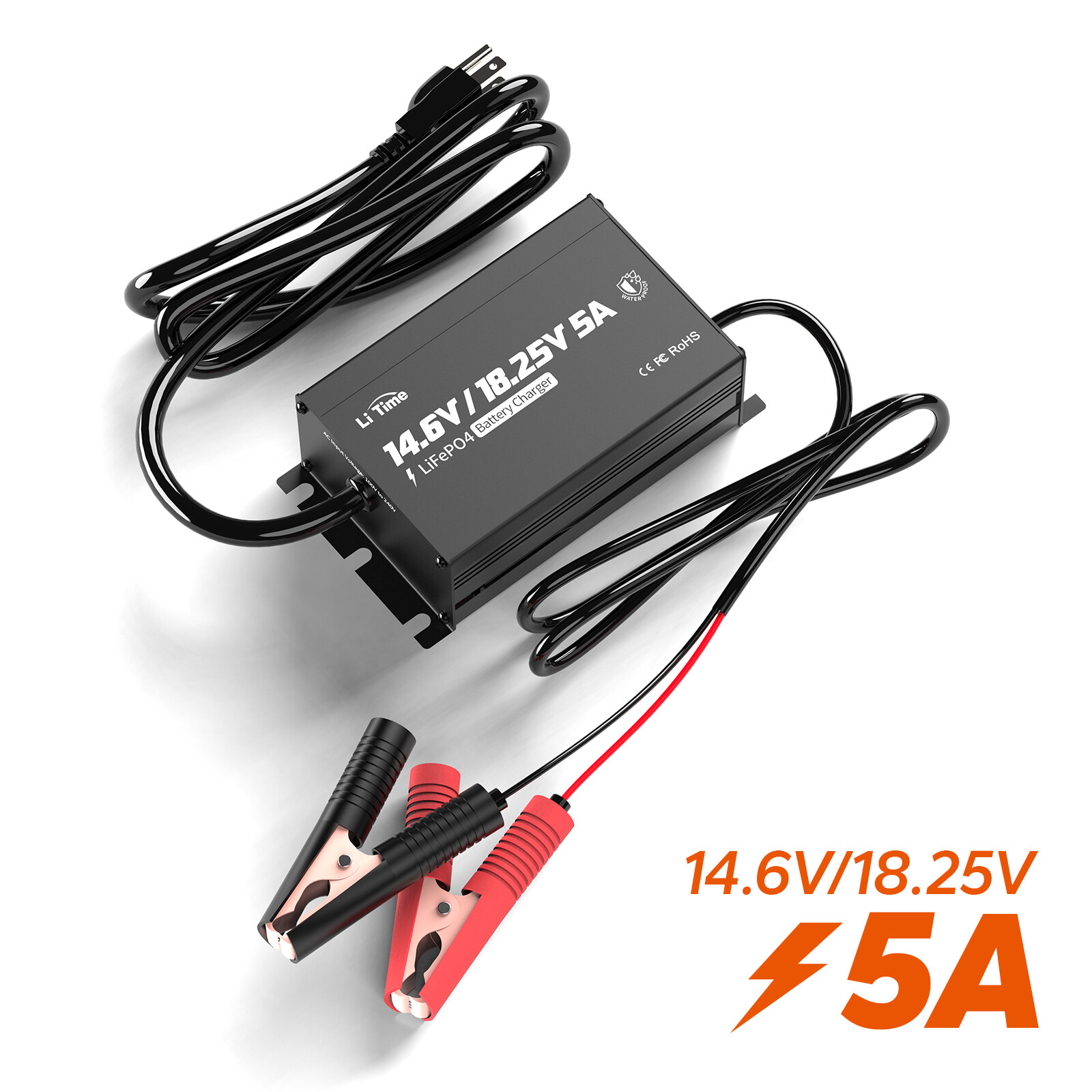 LiTime 12V(14.6V) & 16V(18.25V) 5A Waterproof Lithium Battery Charger For Marine