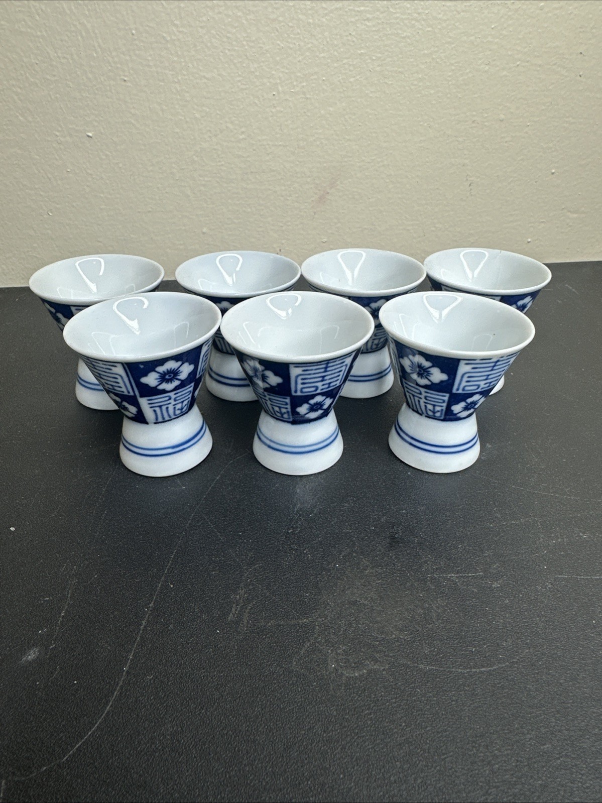Set of 7 Vintage Japanese Sake Cups – Blue & White Kanji Floral Guinomi Ochoko