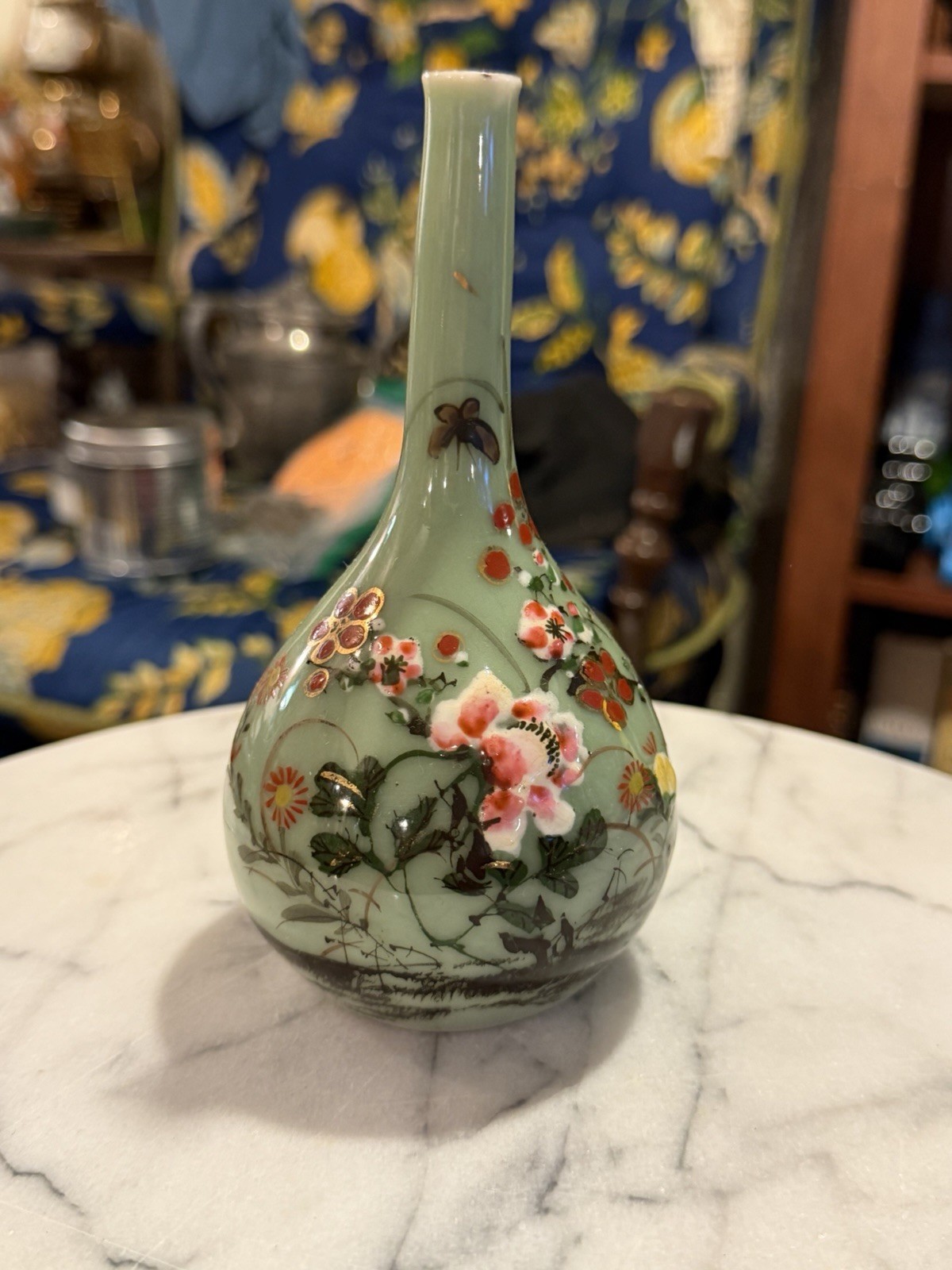 Vintage Japanese Kutani Celadon Vase Hand Painted Peony Butterfly Vintage Japanese Kutani Celadon Vase Hand Painted Peony Butterfly