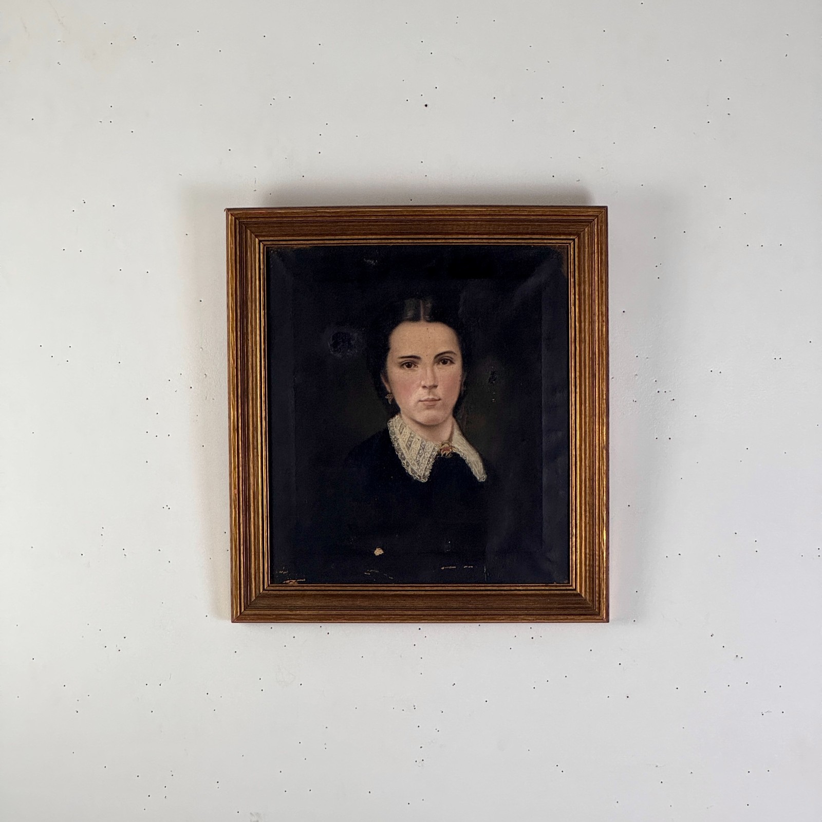 Antique Mid-Late 19th C Oil on Canvas Painting of Young Woman In High Neck Dress