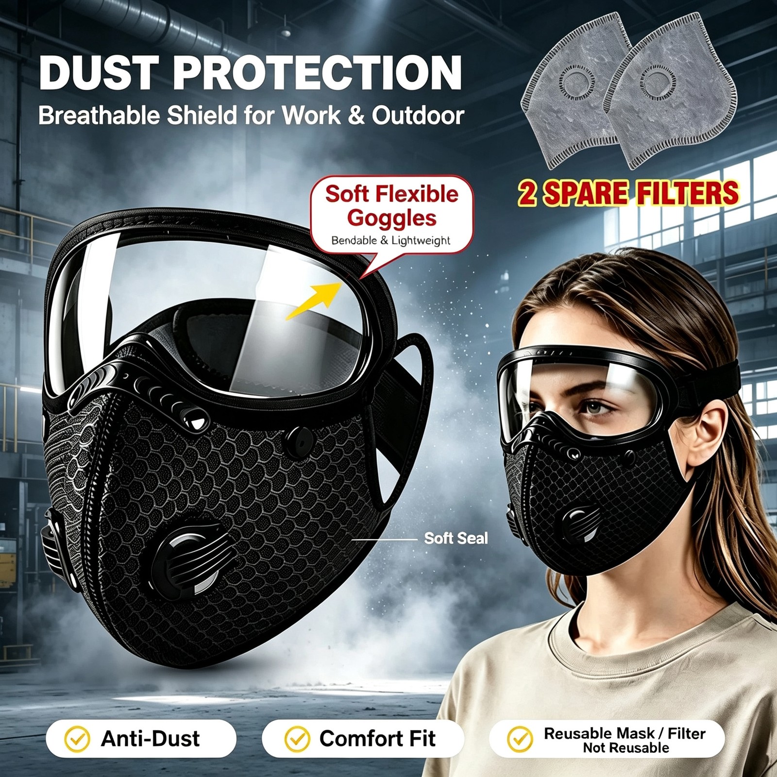 NEW Reusable 5‑Layer Carbon Dust Mask Adjustable Goggles Washable Reusable Black