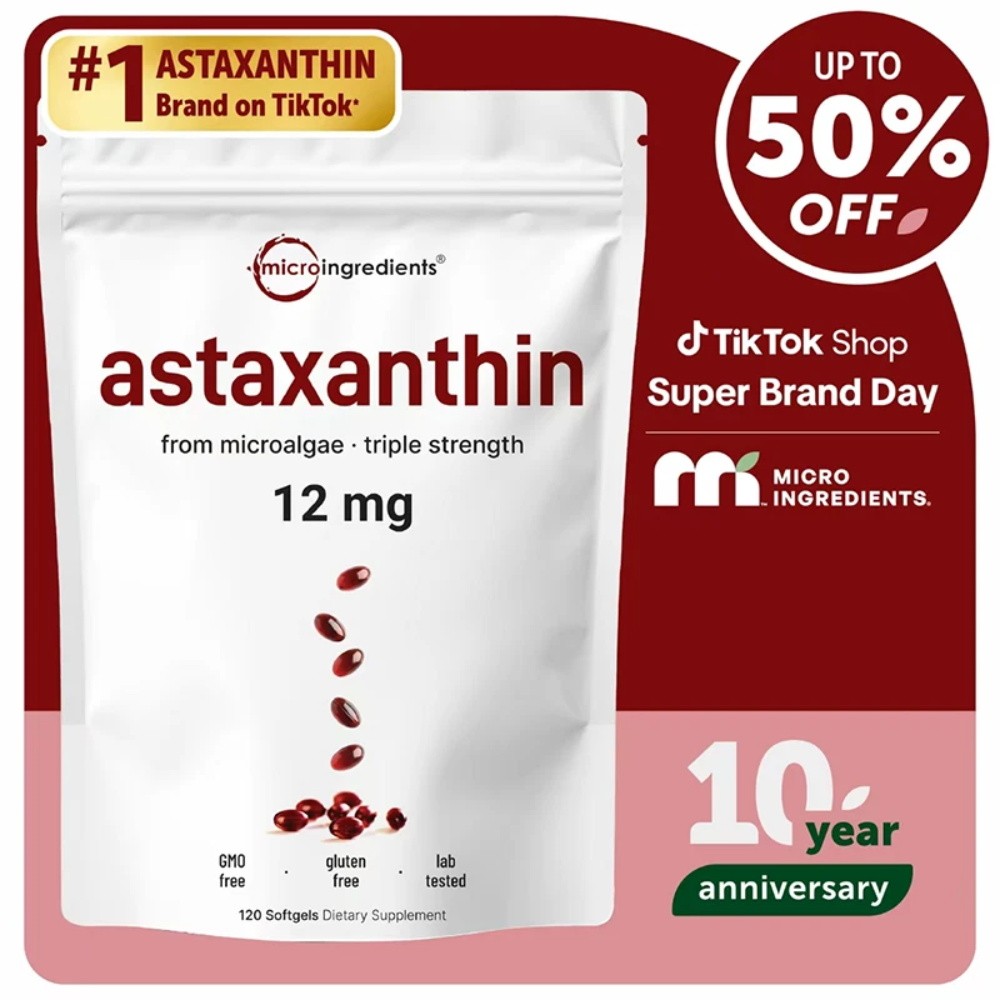1-3 Pack | Micro Ingredients Astaxanthin 12mg with Oil, 120 Softgels