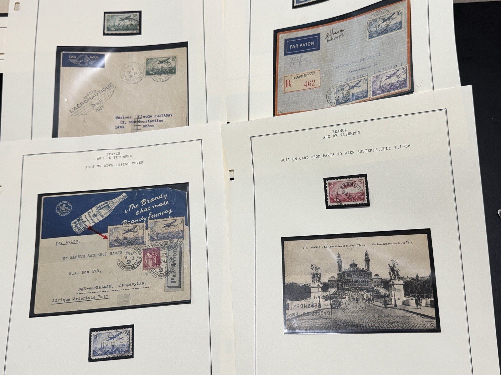 FRANCE 1936 SCOTT C8-C12 AIRMAILS ON 3 COVERS AND POSTCARD TO VIENNA TANGANYIKA