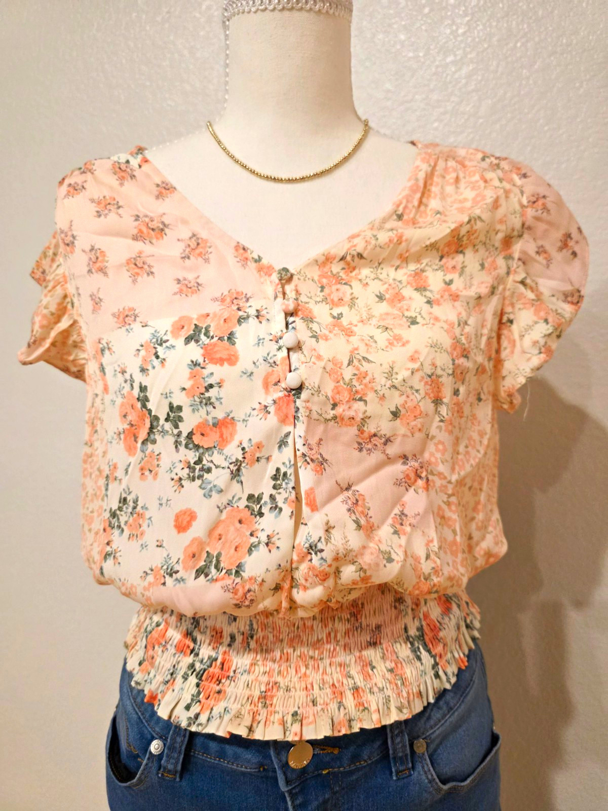 Joie Pink Floral V-Neck Button Front Flutter Sleeve Smocked Blouse, Size S