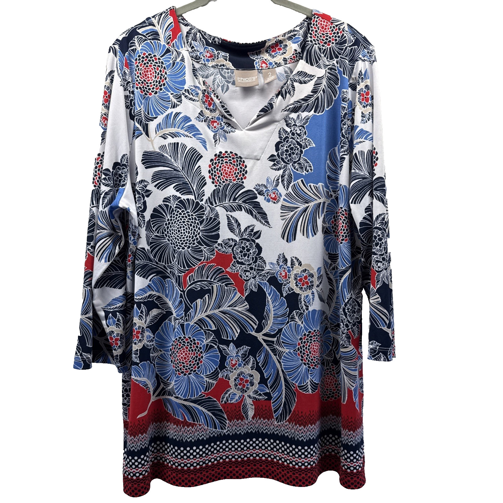Chicos Women\'s Tunic Top Sz Large Red Black Blue Tropical Floral V Neck Pullover
