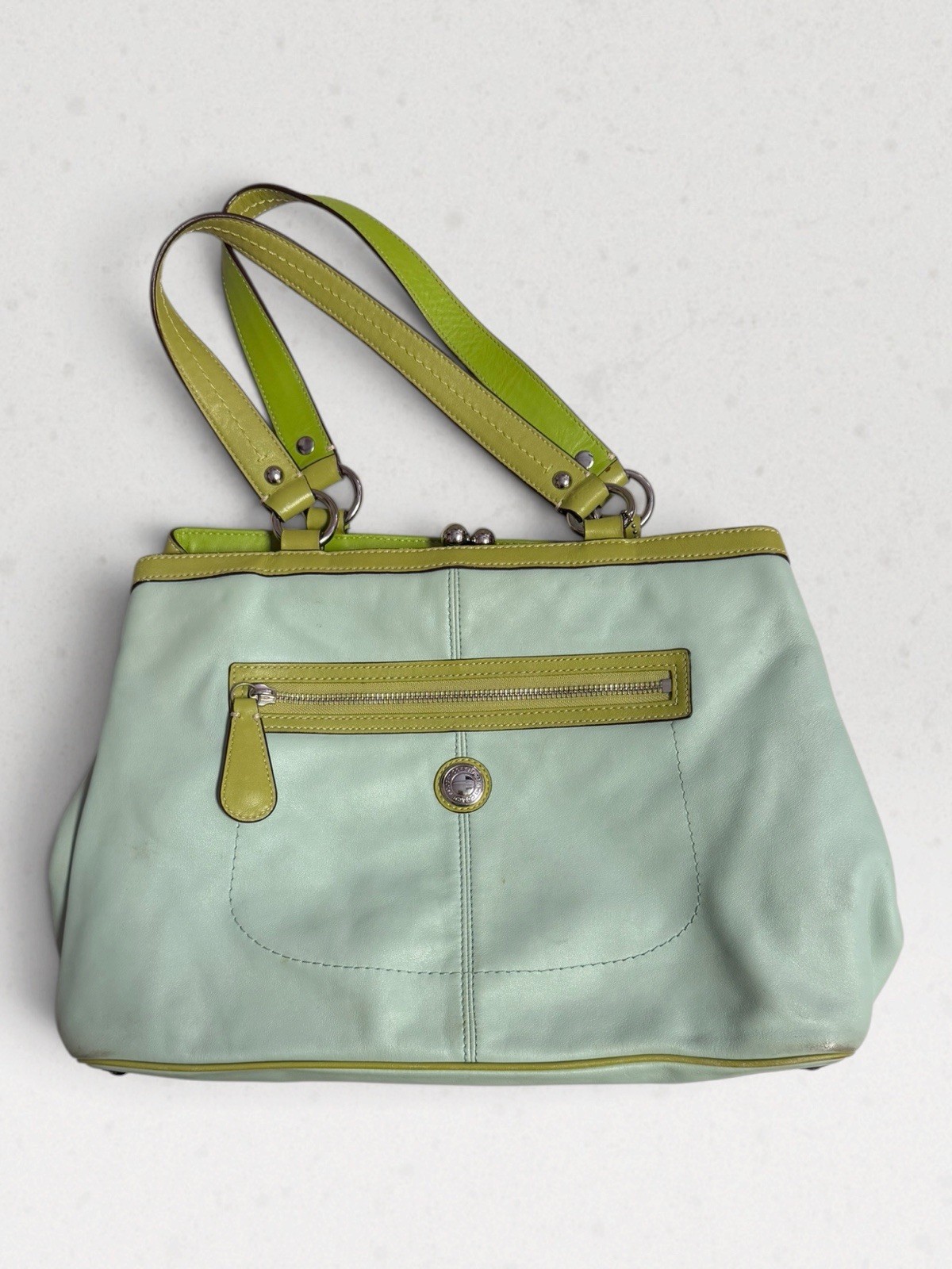 COACH Laura Leather Carryall Satchel F14866 Kisslock Seafoam Green Lime Handbag COACH Laura Leather Carryall Satchel F14866 Kisslock Seafoam Green Lime Handbag