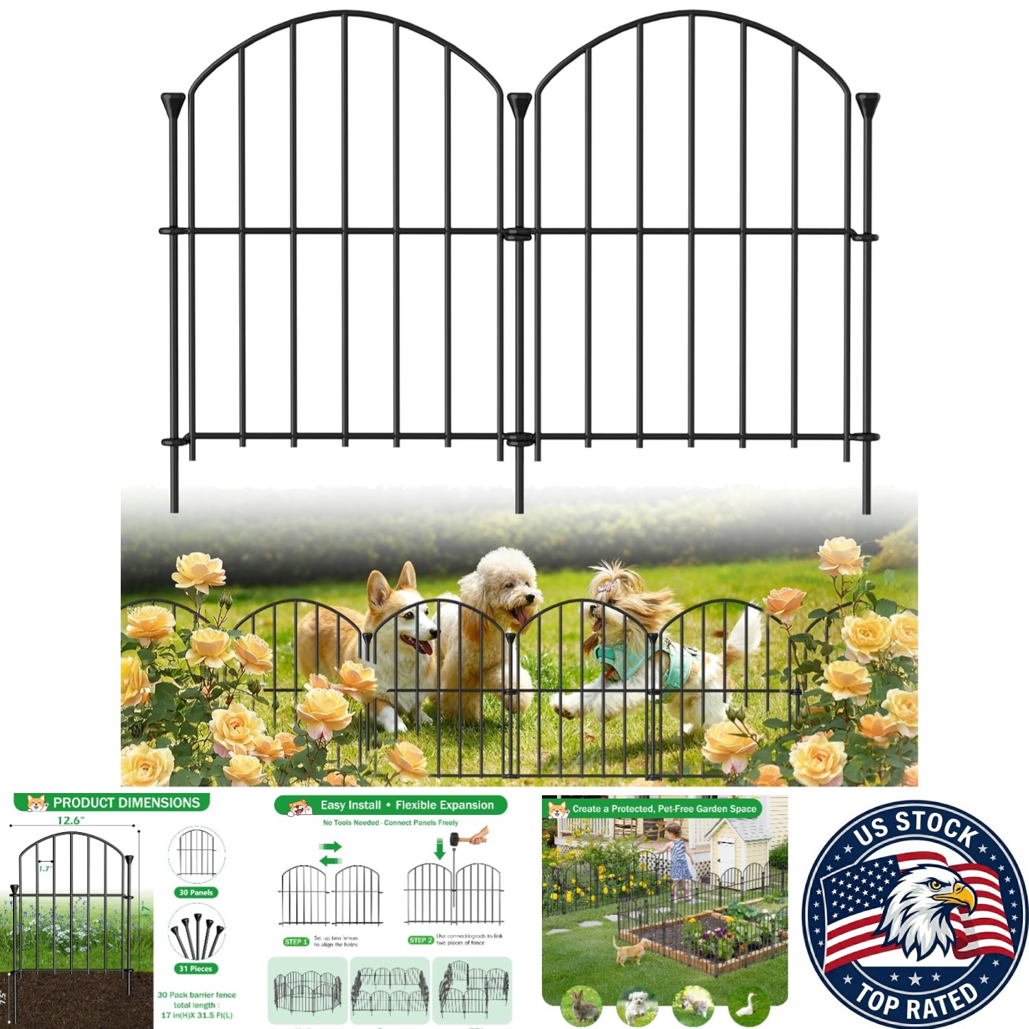 Expandable & Rustproof 30 Pack Garden Fence - 17inH Panels for Dogs & Rabbits