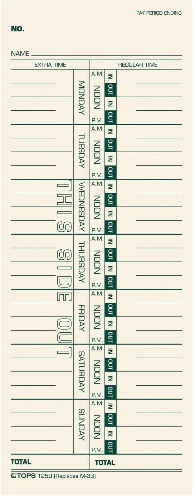 Tops Time Cards, Weekly, 1-sided, 3-1/2\