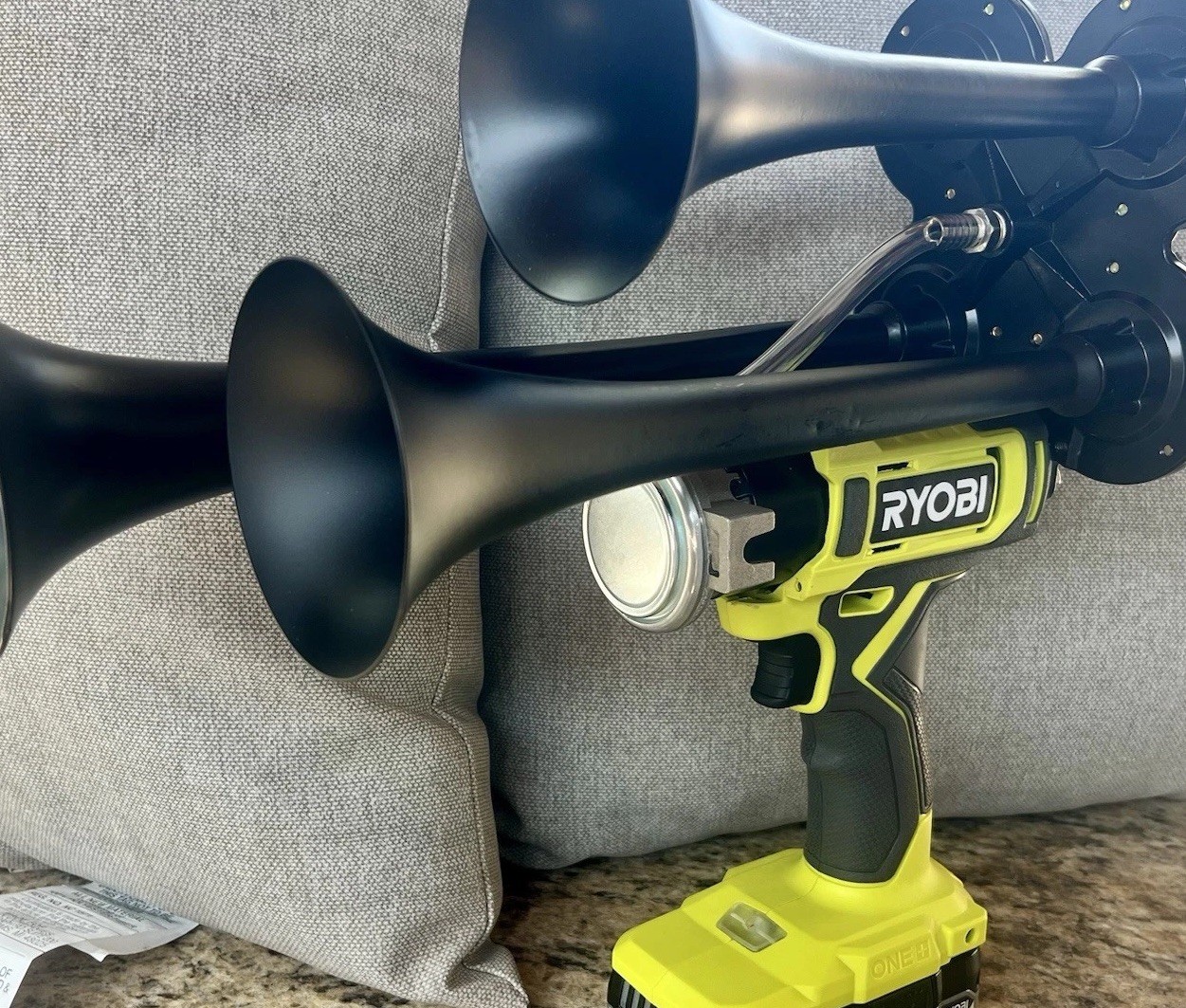 Ryobi 18V Drill QUAD Train Horn With Black Trumpets WATCH/LISTEN Made in the USA