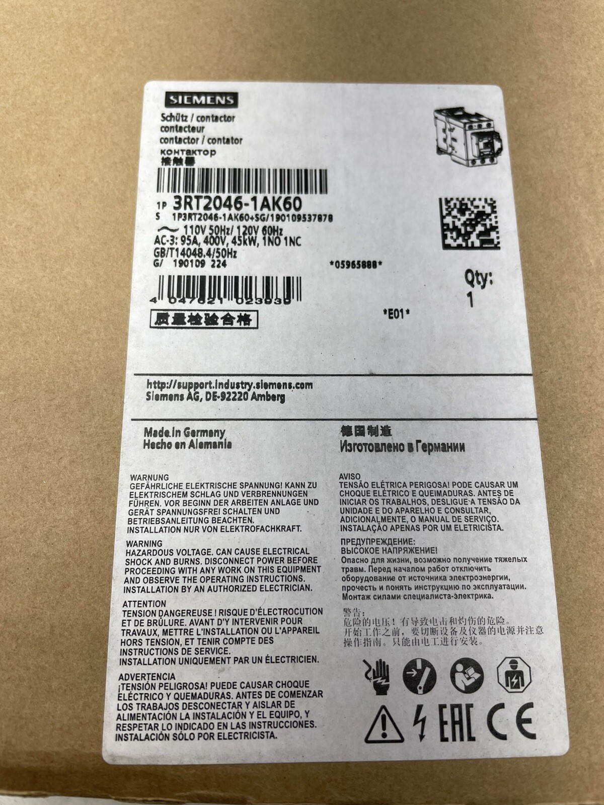 NEW SIEMENS 3RT2046-1AK60 MOTOR CONTACTOR 120V COIL AC-3 45KW 1 n.o 1 n.c NEW SIEMENS 3RT2046-1AK60 MOTOR CONTACTOR 120V COIL AC-3 45KW 1 n.o 1 n.c