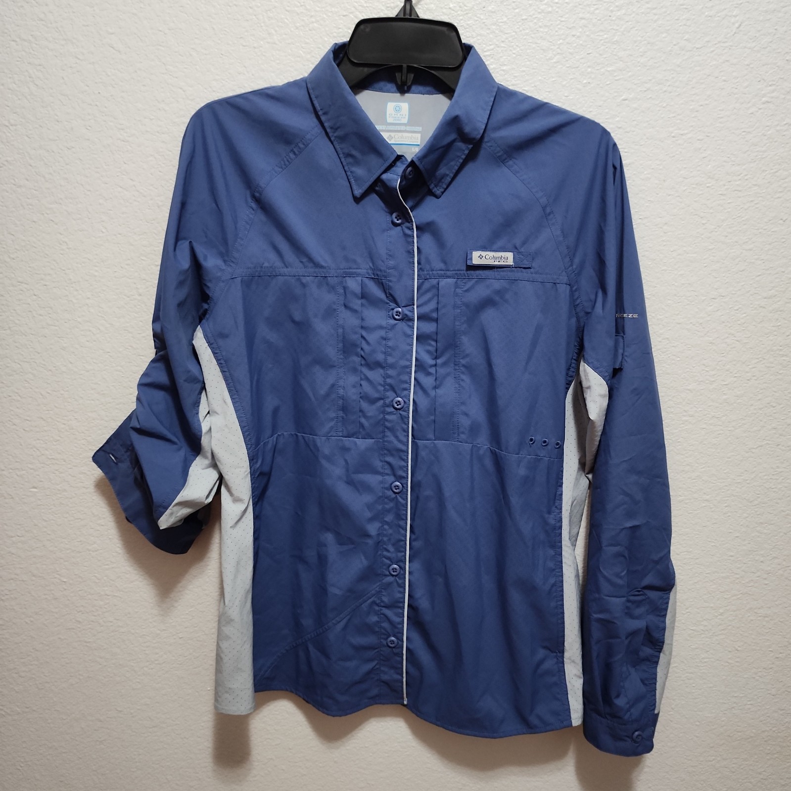 Columbia Omni-Freeze Zero Cooling Women’s Button-Front Shirt L Blue/Gray Roll Up