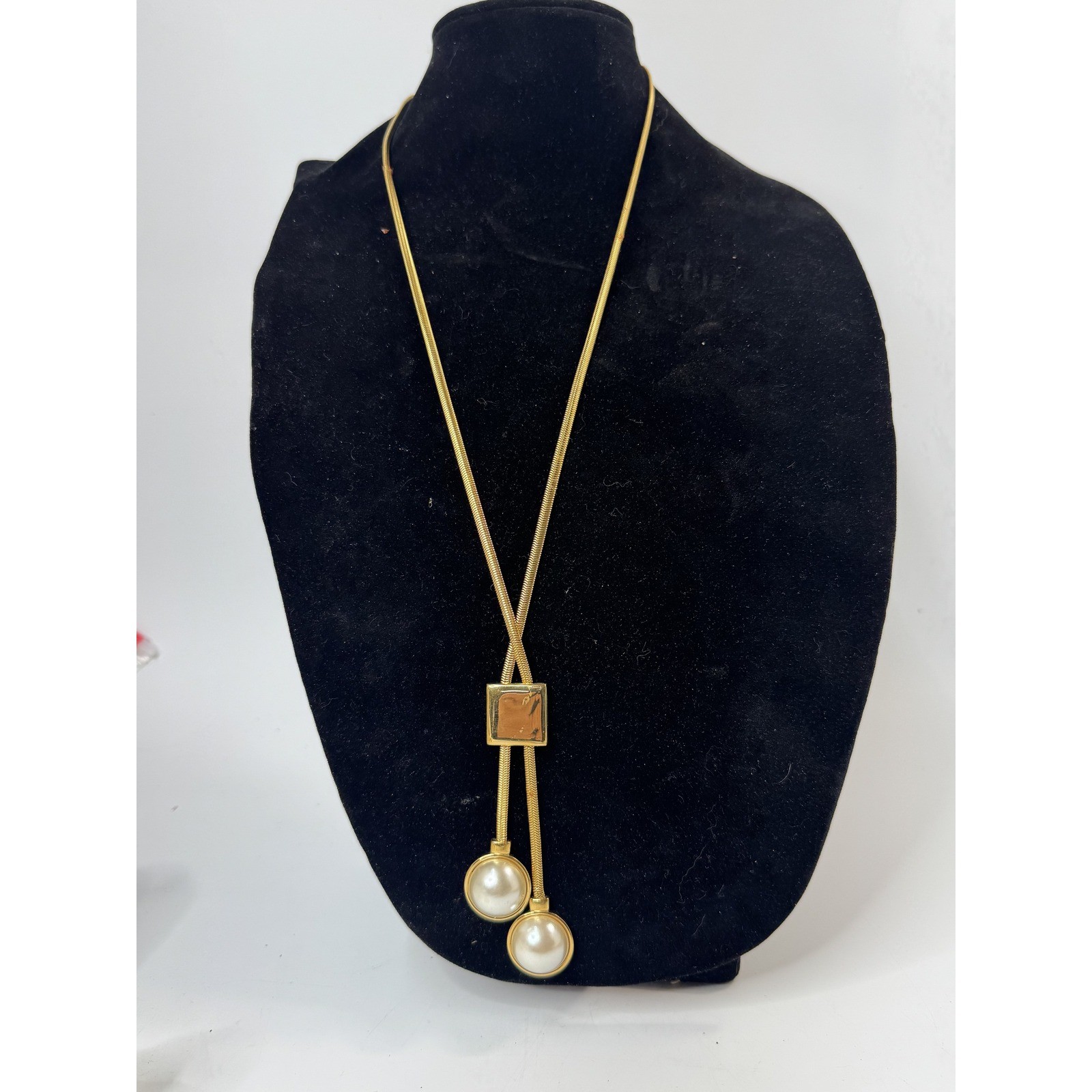 Vintage Napier Gold Tone Snake Chain Lariat Necklace Faux Pearl Drops Slider Vintage Napier Gold Tone Snake Chain Lariat Necklace Faux Pearl Drops Slider