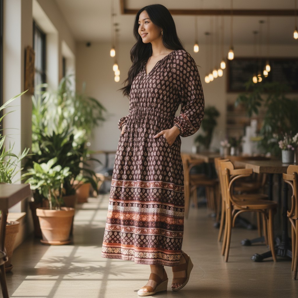 Old Navy Women's Long Sleeve Bohemian Maxi Dress - Petite, Regular, Plus Sizes