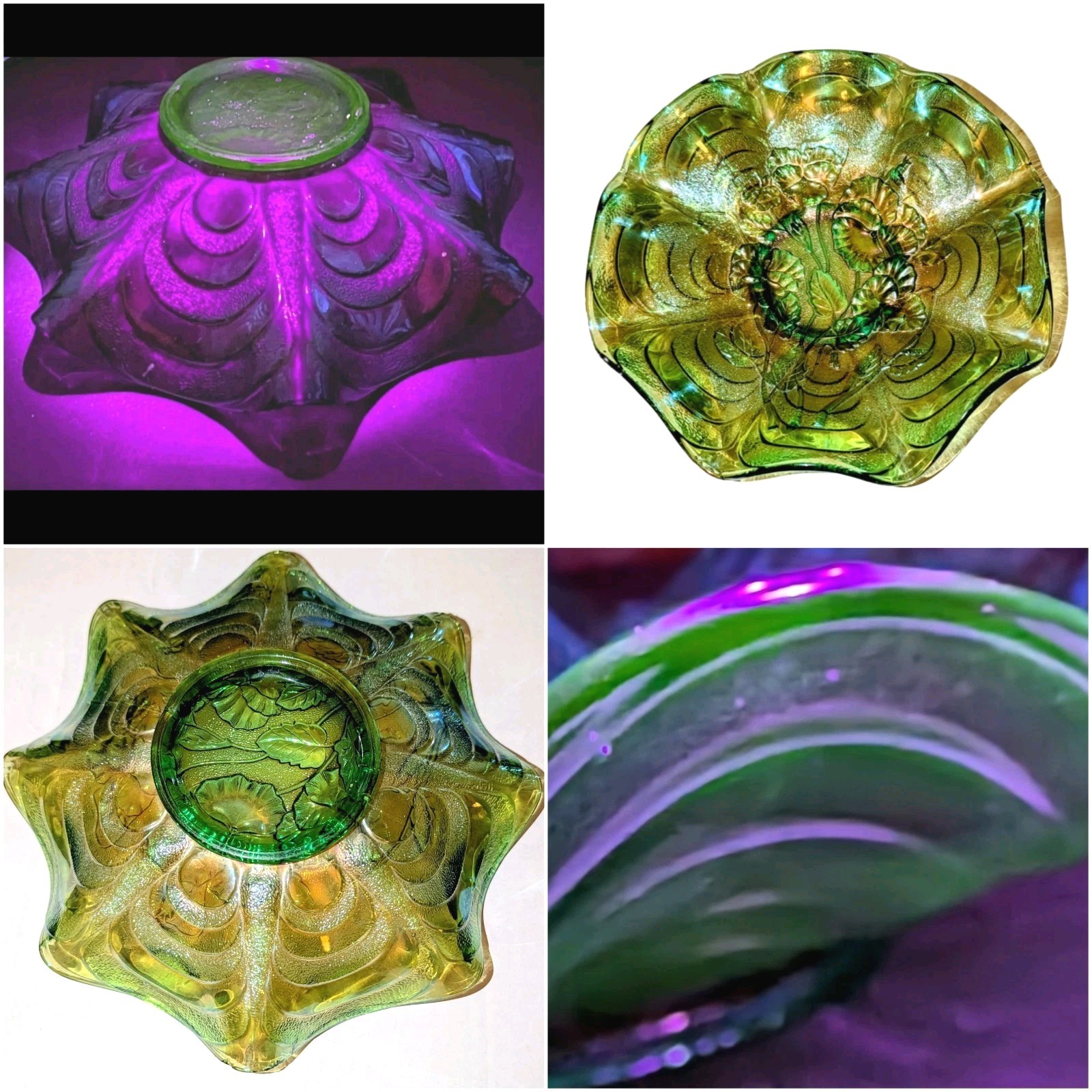 Antique Imperial Glass Helios Green Carnival Glass Pansy Bowl Strong UV Reactive