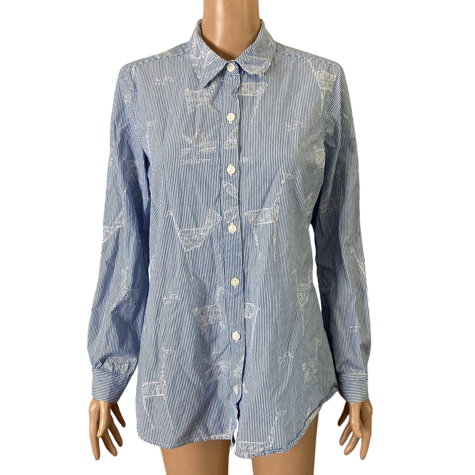 Additions by Chico’s Striped Button Down Shirt Small Embroidered Blue White