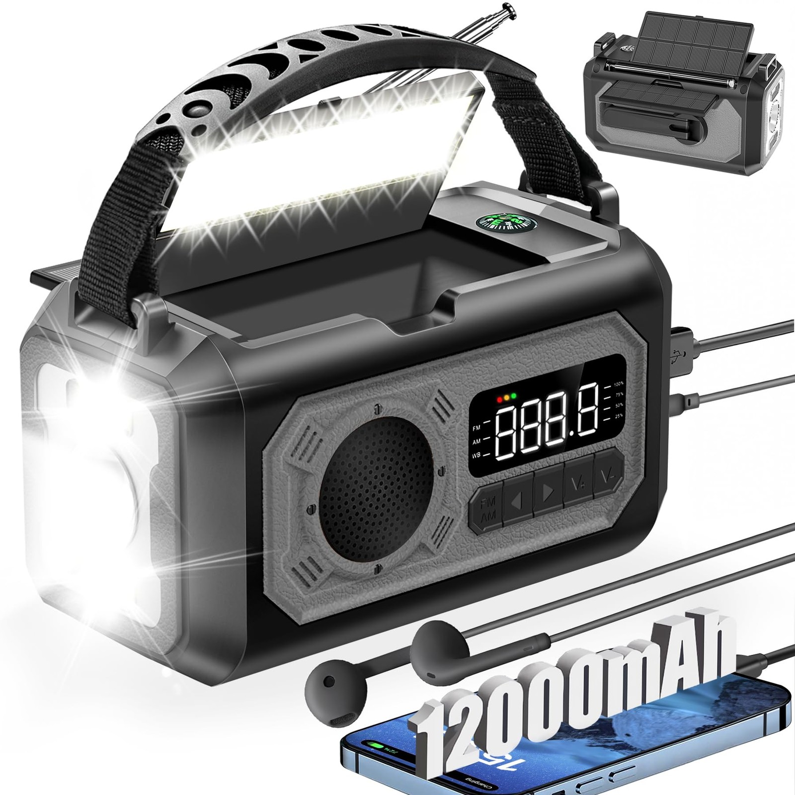 12000mAh Emergency Weather Radio NOAA Solar Hand Crank AM FM USB Power Bank