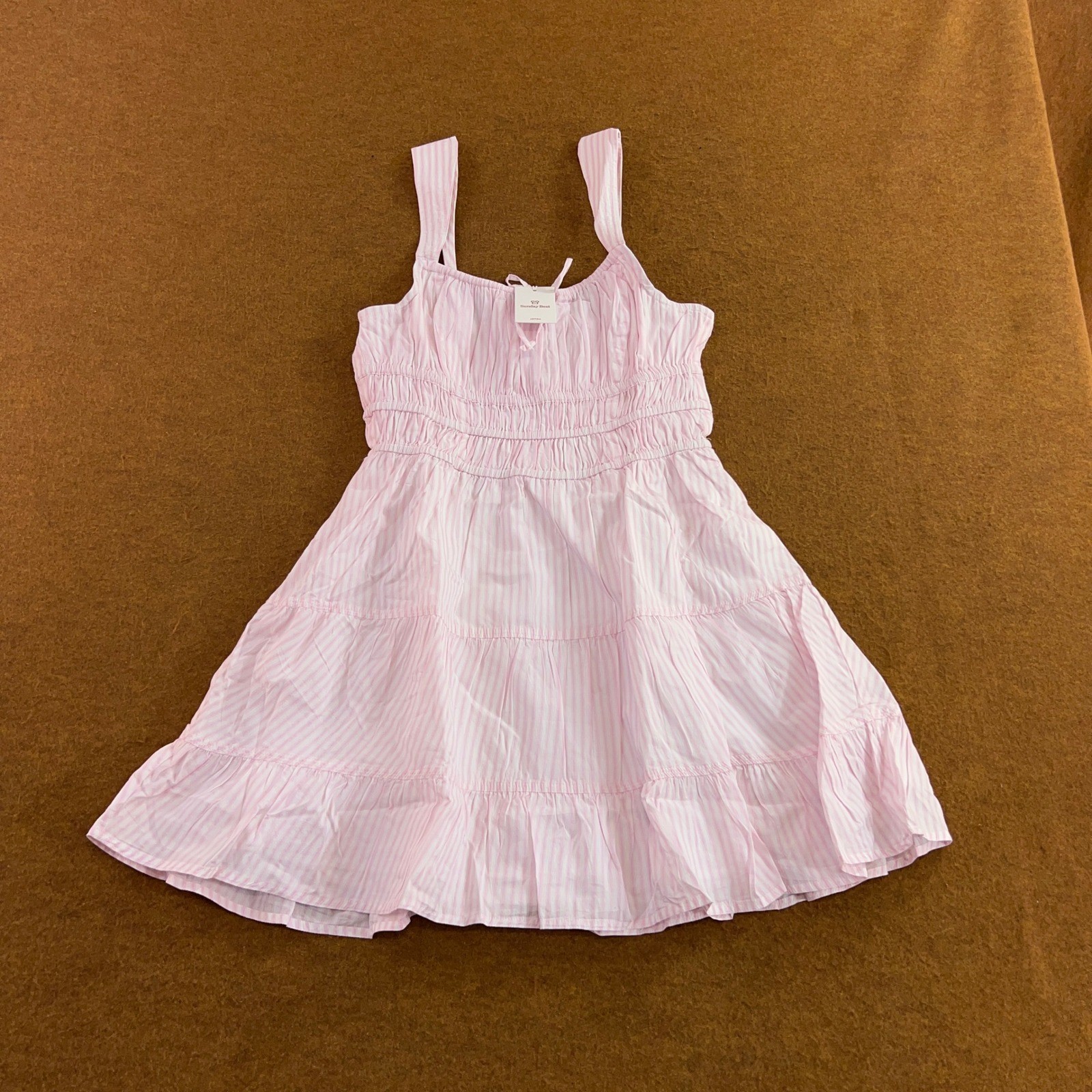 Sunday Best Womens Large Pink Striped Martine Smocked Tiered Cotton Mini Dress