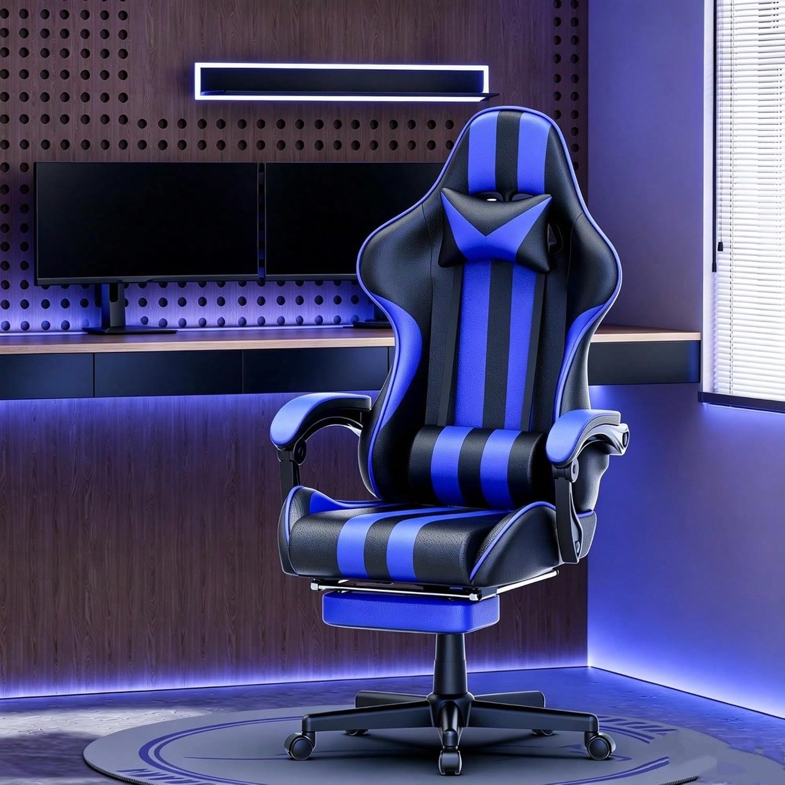 Blue Black Gaming Chair with Reclining Back Pull Out Footrest & Padded Cushions