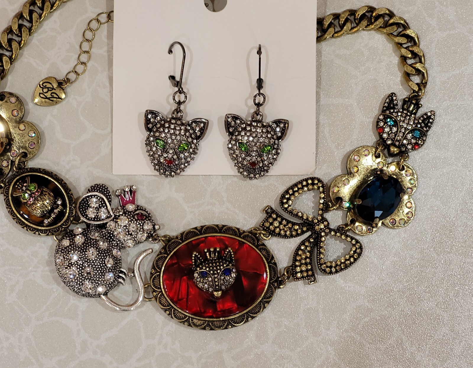 STUNNING DESIGNER BETSEY JOHNSON CAT & MOUSE CRYSTAL NECKLACE EARRING SET NWT