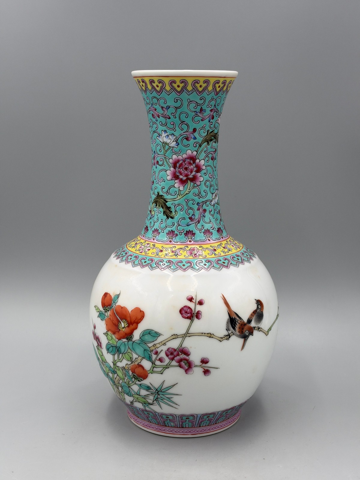 Vintage Mid 20th c. 1950s Chinese Famille Rose Bird & Flower Vase 9 1/2''