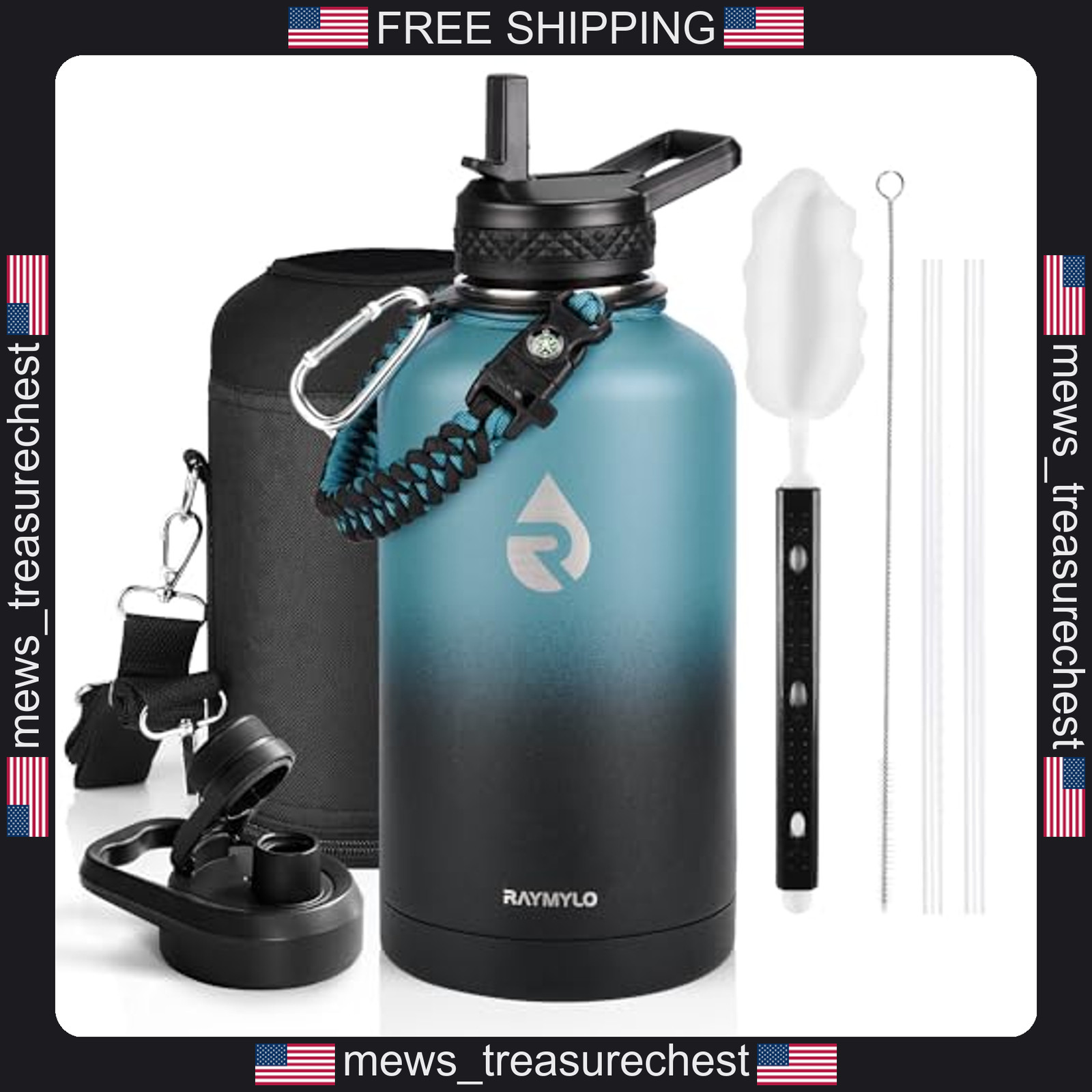 Insulated Water Bottle 64 oz Stainless Steel Leak-Proof with Paracord Handle