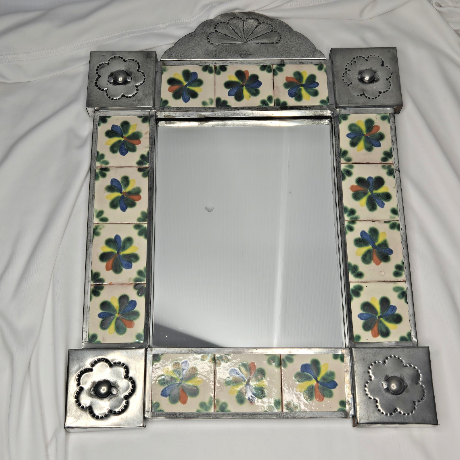 intage Mexican Punched Tin Talavera Tile Mirror 11x14 Hand Painted Folk Art