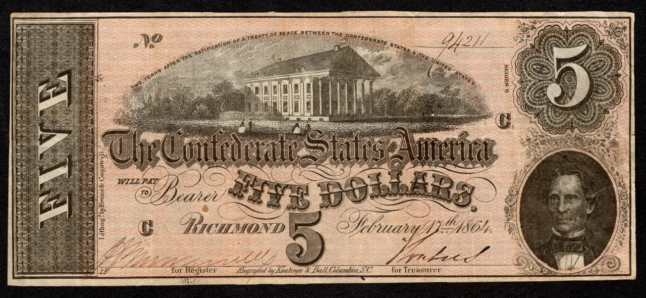 $5 1864 Confederate T-69 Memminger + Virginia State Capitol Great Color  VF