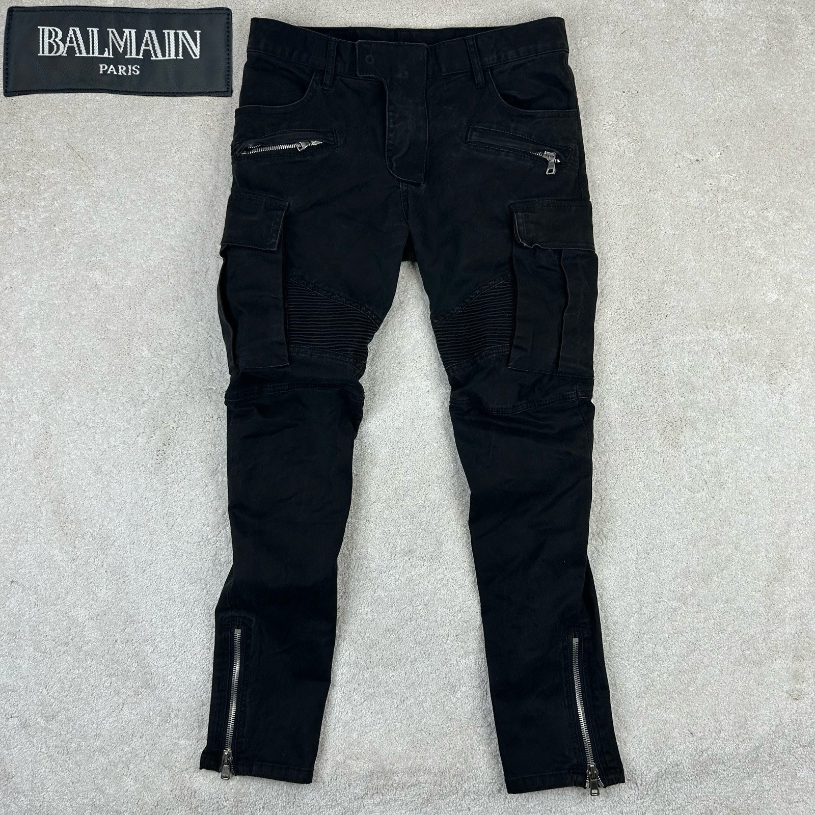 BALMAIN Paris Men’s Slim Skinny Moto Ankle Zip Cargo Black Chrome Biker Pants 34