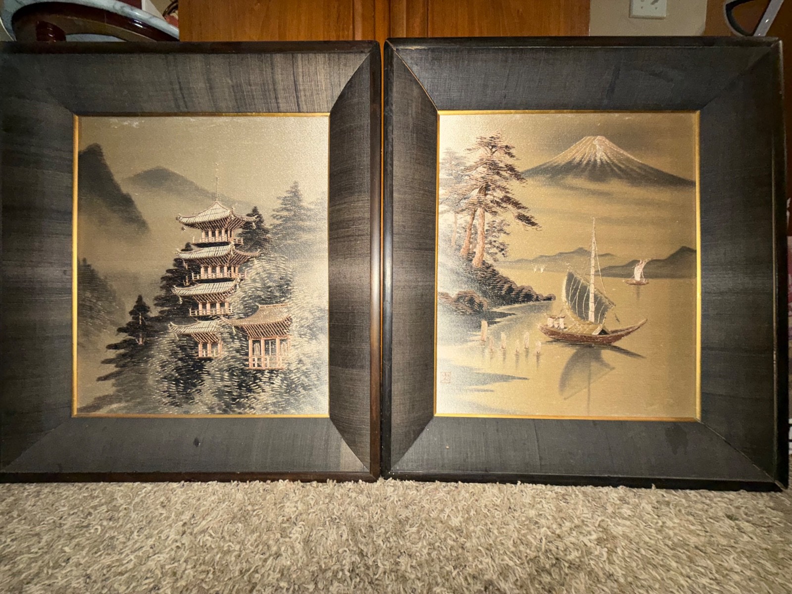 C. 1940s Showa Era Japanese Embroidery Framed Art, a Pair C. 1940s Showa Era Japanese Embroidery Framed Art, a Pair