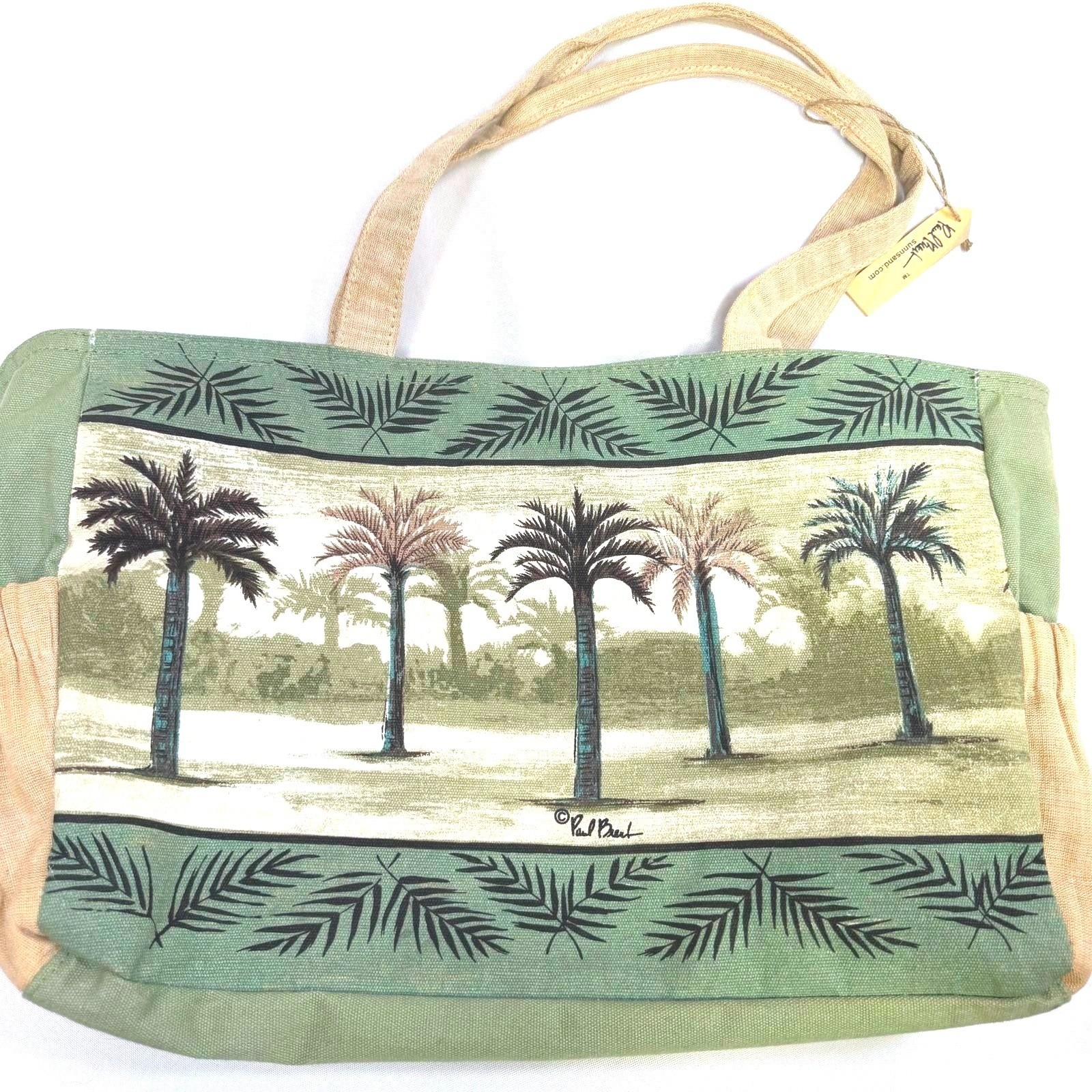 Paul Brent Portofino Purse Canvas Beaded Palm Trees Two Handle Straps Paul Brent Portofino Purse Canvas Beaded Palm Trees Two Handle Straps