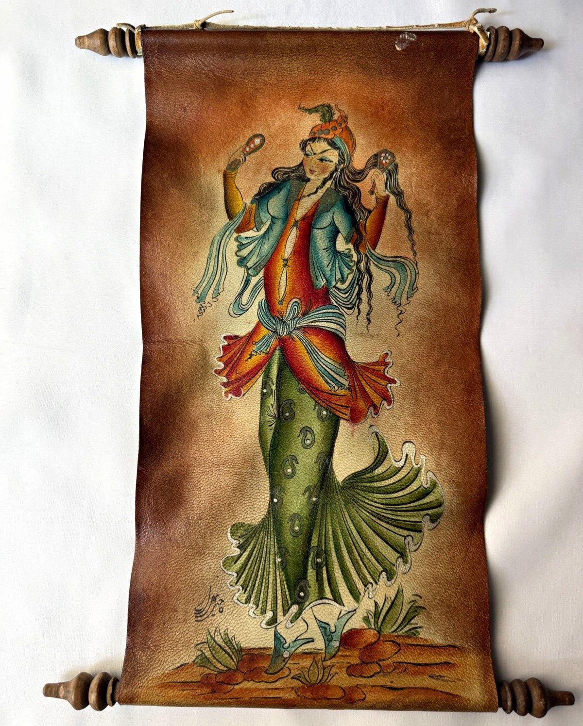 Vintage Hand-Painted Persian Girl on Leather Wall Hanging Scroll