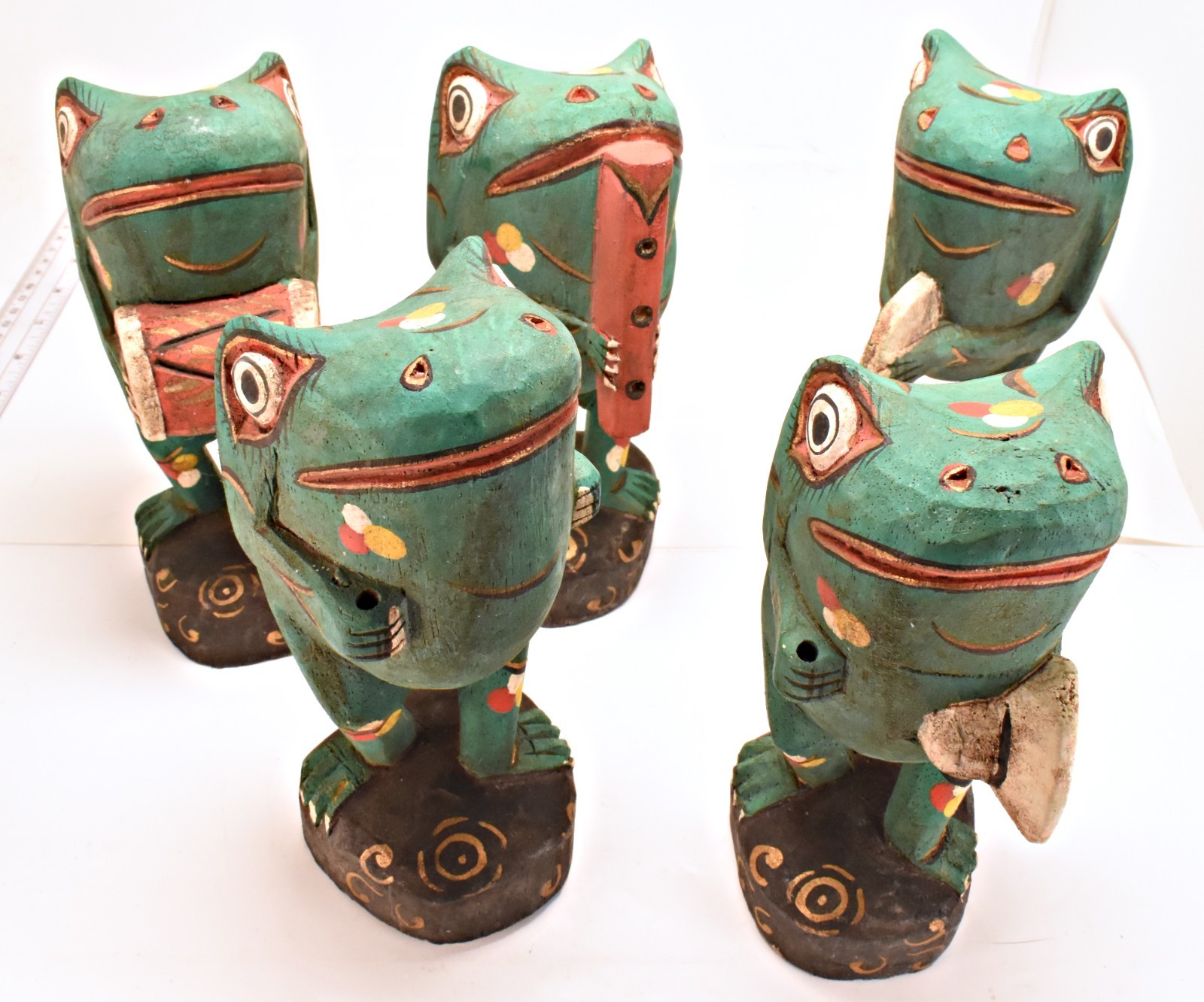 Vintage Hand Carved Painted Wooden Frog Band Figurines Set of 5 Folk Art 7 inch