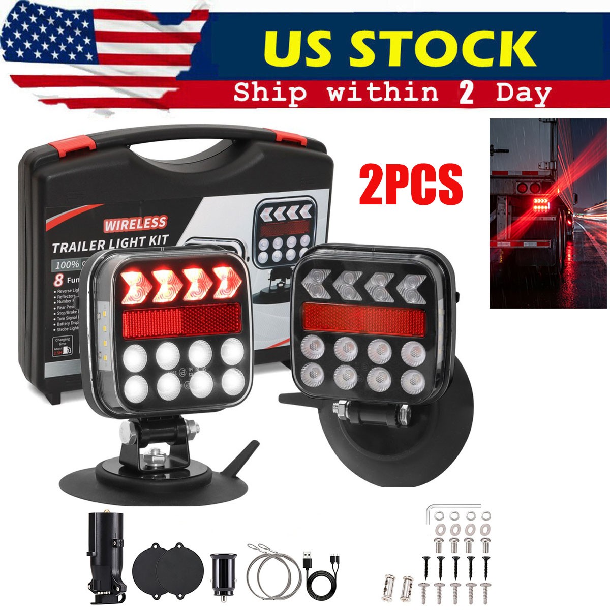 2PCS Wireless Magnetic Trailer Lights Rechargeable LED TailLight Kit For Trailer