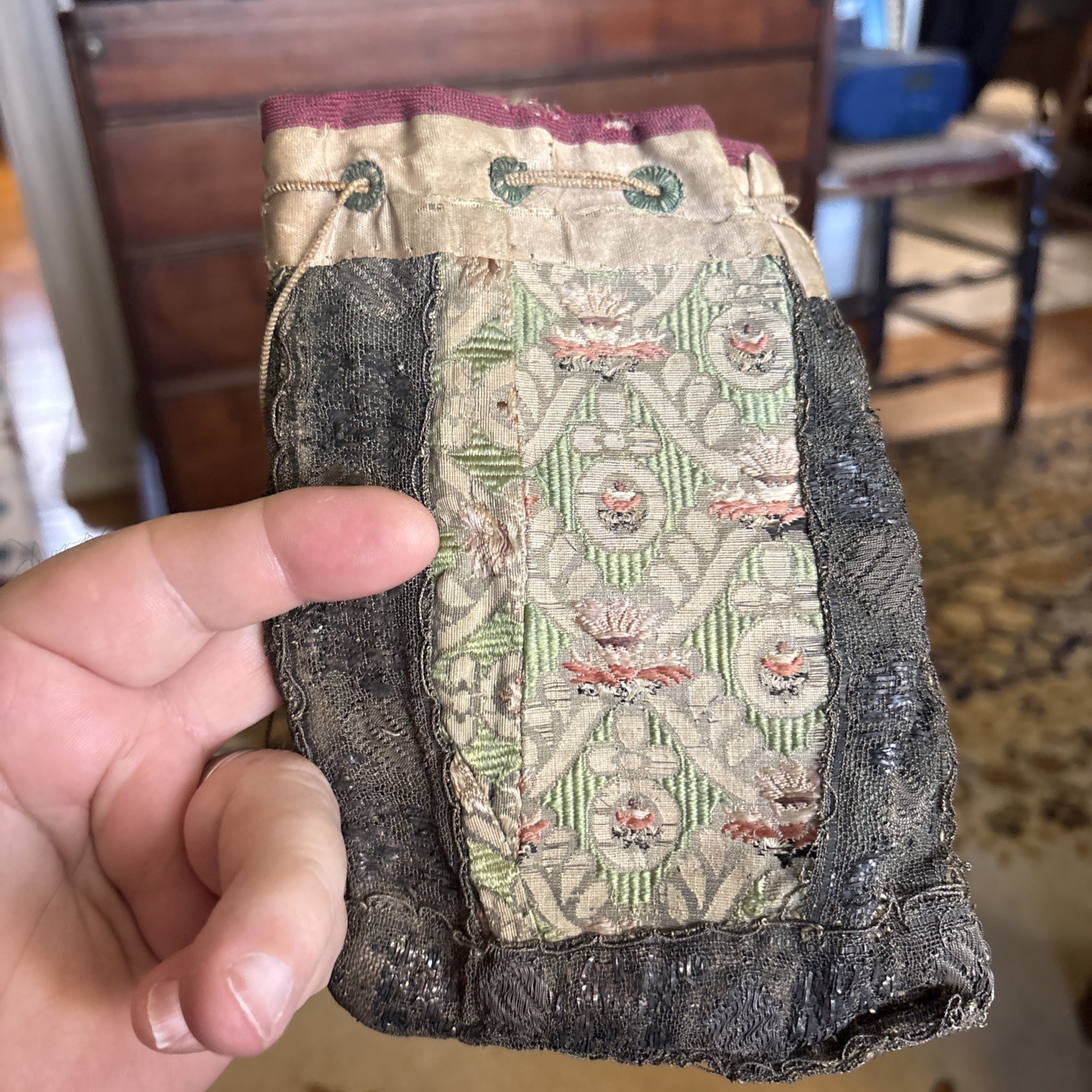 17th Century English Needlework Draw String Pouch Outstanding Fabric & Work 1600