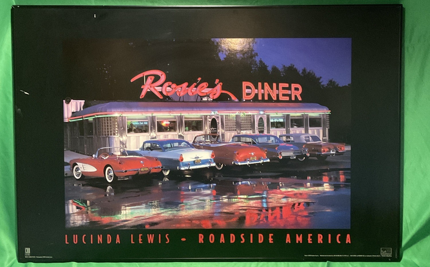 VTG 1997 Rosies Diner Lucinda Lewis Roadside America Metal Tin Sign Framed 24x36